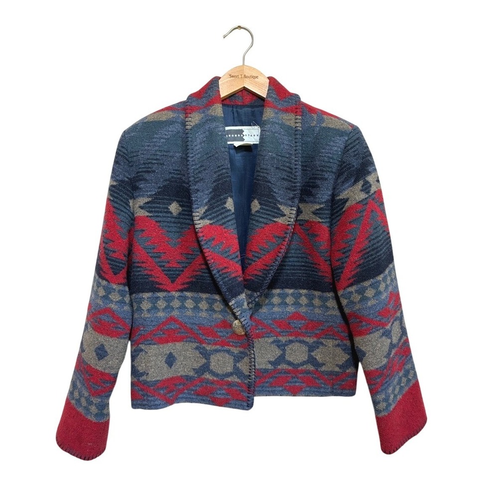 Vintage Rhonda Stark Small Wool Blend Aztec Waist Lady Jacket Old Money USA